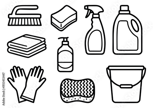 Line art cleaning supplies set featuring a brush, sponges, bottles, and gloves for household cleaning