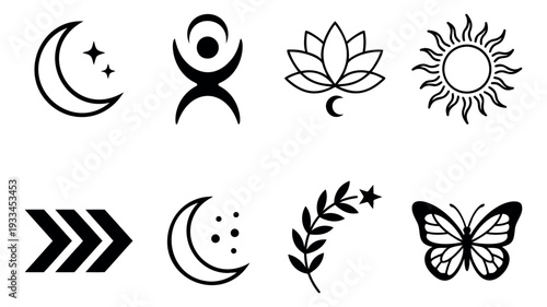 Minimalist symbolic icon set featuring celestial, spiritual, and nature elements for modern graphic design