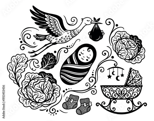 Hand drawn line art baby elements set featuring a stork, sleeping infant, cradle, booties, and cabbages for new arrival celebration designs