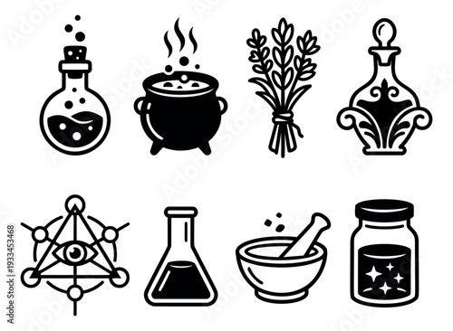 Line art magic set featuring potion bottles, cauldron, herbs, and mystical symbols for fantasy and occult themes