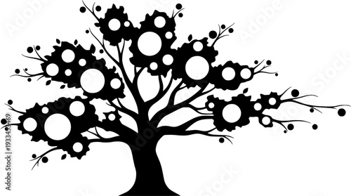 Stylized black tree silhouette with circular fruit white background
