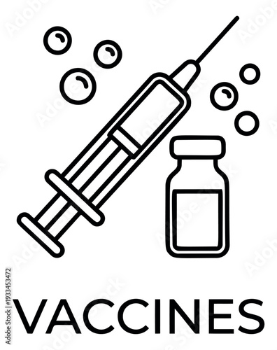 Line art illustration of a syringe and vaccine vial depicting immunization for medical purposes