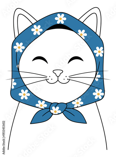 Line art illustration of a happy cat depicting it wearing a blue floral headscarf for a cheerful pet design