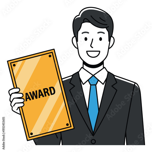 Line art illustration of a businessman depicting proudly holding an award plaque for achievement