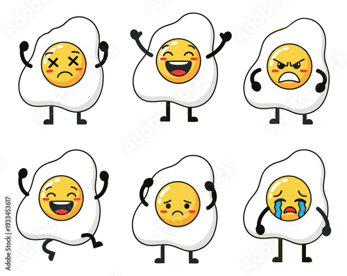 Cartoon line art character set featuring cute fried egg mascots with various emotions for breakfast or food-themed designs
