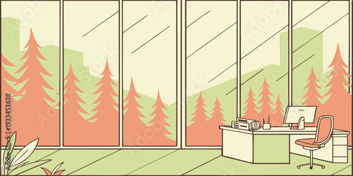 Cozy wooden cabin in pine forest landscape with outdoor chairs and warm sunlight. Nature retreat illustration for camping, eco tourism, adventure travel and relaxation themes.