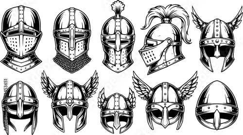 Collection of black medieval knight and viking helmet white background warrior
