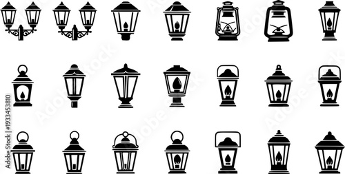 Collection of black silhouette vintage lantern and lamp light

