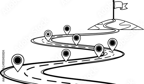 Continuous of a winding path with location pins leading to a flag a hilltop road journey
