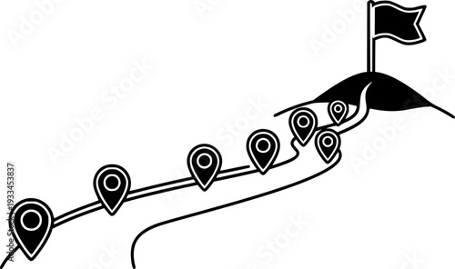 Continuous of a winding path with location pins leading to a flag a hilltop road journey
