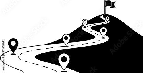 Continuous of a winding path with location pins leading to a flag a hilltop road journey

