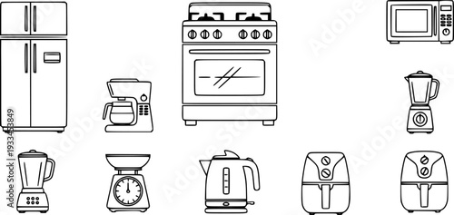 Collection of black outline kitchen appliance including refrigerator stove microwave coffee maker blender scale kettle and air fryer
