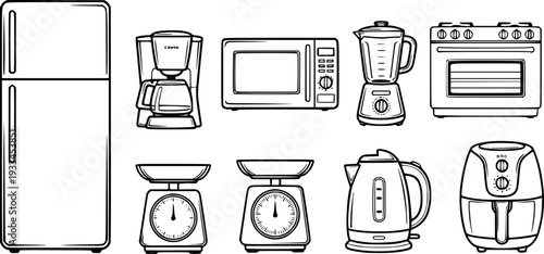 Collection of black outline kitchen appliance including refrigerator stove microwave coffee maker blender scale kettle and air fryer
