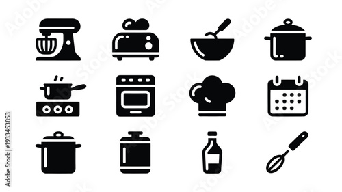 A set of 12 simple black kitchen icons on a white background, including appliances and tools for cooking and baking, ideal for design and branding projects.