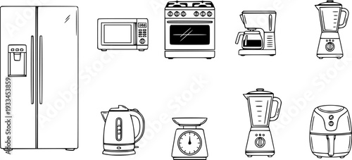 Collection of black outline kitchen appliance including refrigerator stove microwave coffee maker blender scale kettle and air fryer
