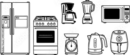 Collection of black outline kitchen appliance including refrigerator stove microwave coffee maker blender scale kettle and air fryer
