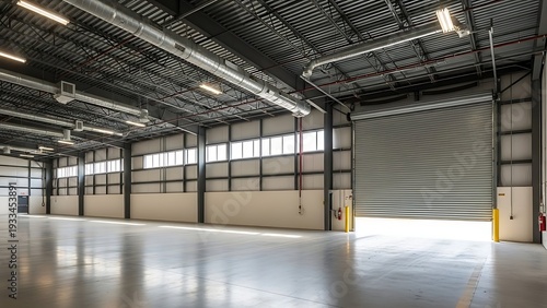 Large loading bay with open roll-up door for vehicle access during day time hours