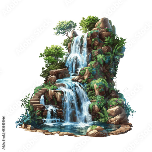 Illustration of a Mini Waterfall in a Rock Garden with Tropical Plants.