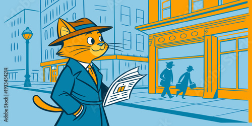Cartoon detective investigator holding notebook in city street background. Flat vector character design for mystery concept, crime investigation, storytelling and educational content.
