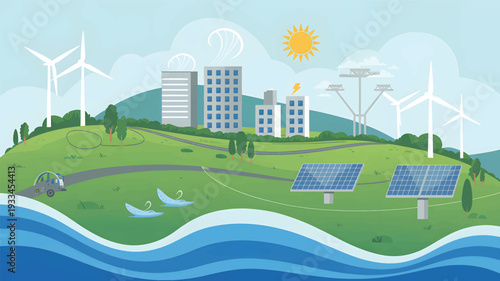 Green energy cityscape with wind turbines, solar panels, and blue water waves, green hill