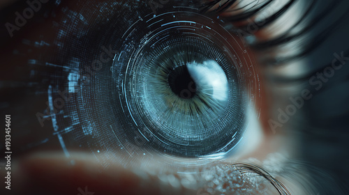 Close-up of a human eye with a glowing digital iris scan, holographic data circles around the pupil, futuristic biometric security and identification concept.