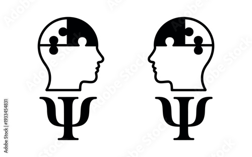 A black and white illustration of two human heads with puzzle pieces and the Greek letter psi symbol, representing psychology and mental health.