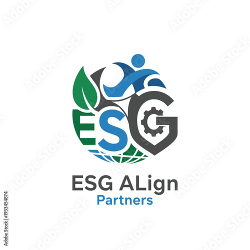 Circular global icon with leaf person and gear symbols for corporate sustainability logo ESG ALign Partners