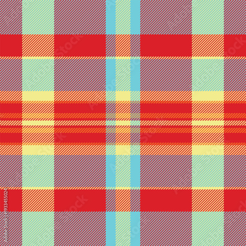 Vibrant red, turquoise, and yellow plaid tartan pattern. A classic geometric design with twill texture, perfect for fashion textiles, cozy home decor, and creative digital backgrounds.