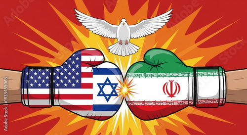 Boxing glove symbolizing tensions or diplomacy: flags of Iran, the United States, and Israel, symbolizing geopolitics and international relations, white flag symbolizing peace, Vector illustration.