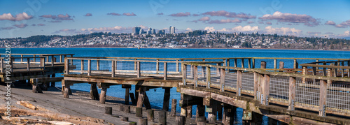 Panoramic view of White Rock, British Columbia which is just over the border from Blaine, WA and Semiahmoo Bay. White Rock is named for a large white boulder on its beach near the promenade.