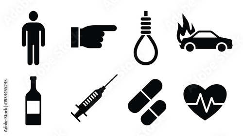 A set of nine black silhouette icons, representing various concepts such as a person, pointing hand, noose, burning car, wine bottle, syringe, pills, and a heart with an ECG line.