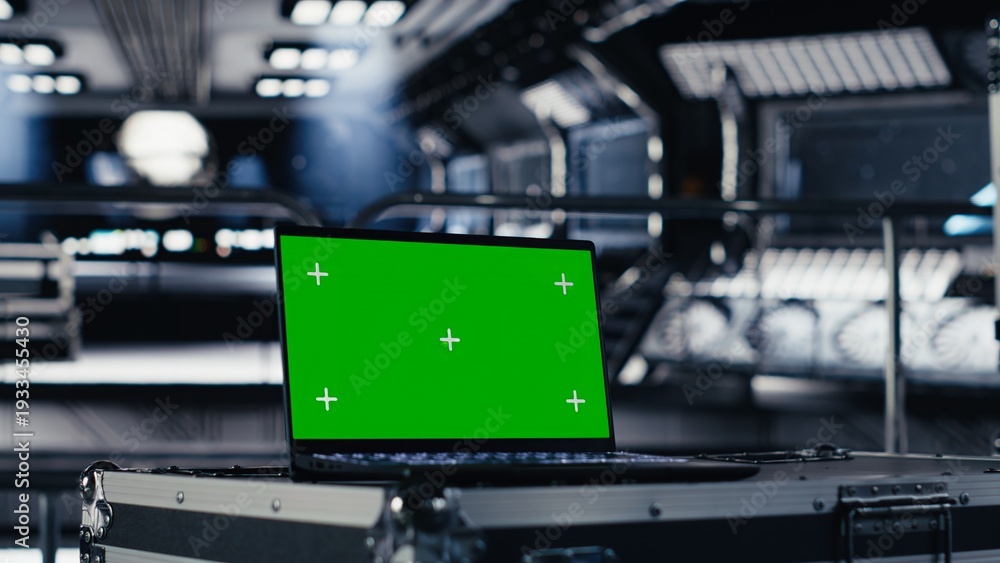 Fototapeta premium Close up of green screen mockup laptop in spacecraft on top of cargo container. Chroma key isolated screen notebook in futuristic spaceship during deep space mission operations, panning shot