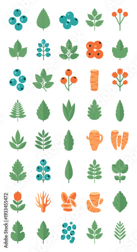 A grid of 35 distinct, stylized flat-design icons featuring various green leaves, blue berries, orange berries, and root vegetables on a white background.