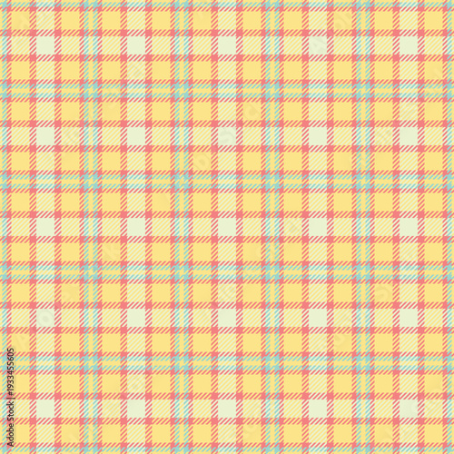 Close up seamless fabric vector, site plaid tartan textile. Scenery pattern check background texture in yellow and light coral colors.