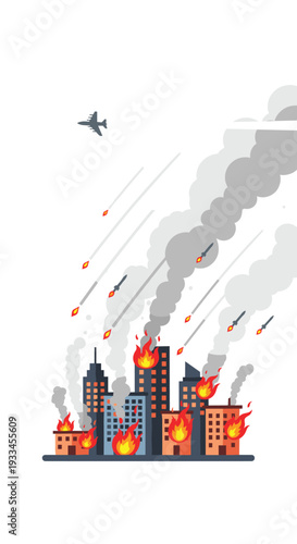 An airplane drops multiple bombs onto a city skyline, causing widespread fires and dense smoke plumes to rise from the burning buildings on a white background.