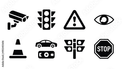 A set of nine black and white vector icons depicting various traffic and road signs on a clean white background, ideal for use in graphic design projects, websites, and applications.