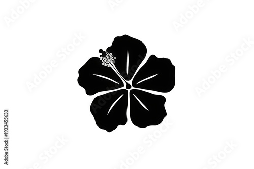 Black hibiscus flower silhouette artwork representing tropical beauty, hawaiian summer, and botanical garden elements with transparent background