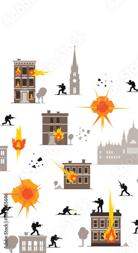Stylized soldiers are engaged in combat amidst burning buildings and multiple orange explosions within a cityscape on a white background.