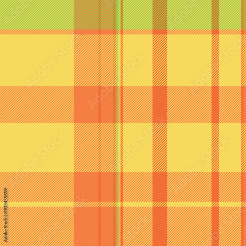 Thin plaid textile background, cutout seamless fabric vector. Dimensional tartan pattern texture check in orange and yellow colors.