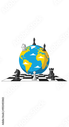 A simplified illustration features a blue and yellow globe resting on a chessboard, with various black and white chess pieces strategically placed on and around it.