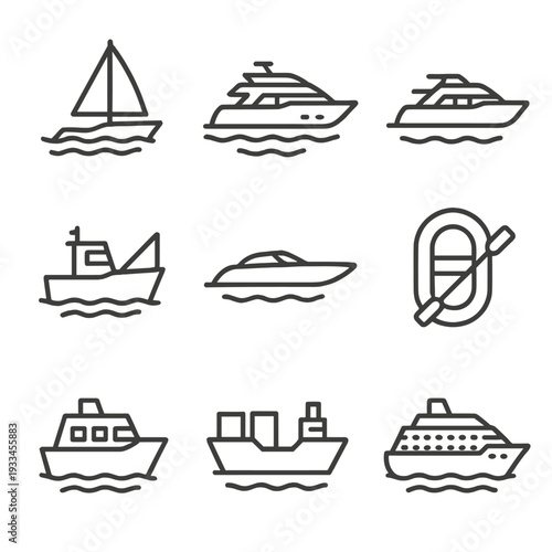 Nautical icons set: sailboats, yachts, ships, and boats