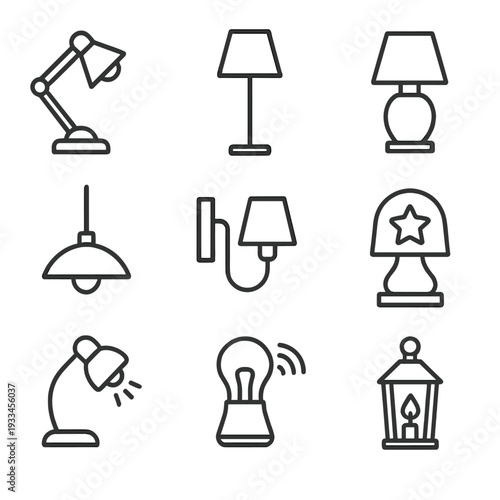Collection of modern lamp icons for interior design and lighting concepts