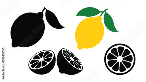 A vibrant and detailed vector graphic featuring a collection of lemons, including whole, halved, and sliced citrus fruits in a flat design style, perfect for culinary or health-related projects.
