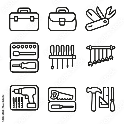 Tool icons set: briefcase, swiss knife, screwdrivers, drill, saw, hammer