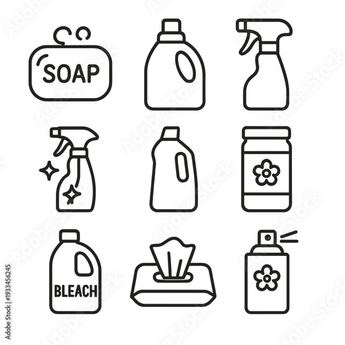 Line icons of cleaning products: soap, detergent, spray, bleach, wipes, bottle