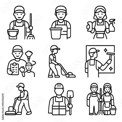 Outline icons of cleaning and maintenance workers in various occupations