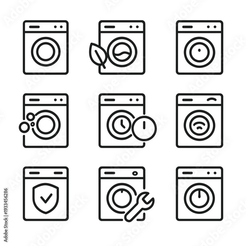 Washing machine icons set: eco-friendly, repair, timer, various functions