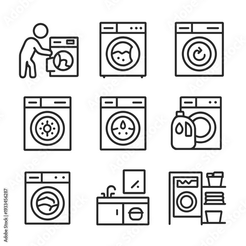 Laundry icons collection: washing machine, detergent, and laundry room essentials