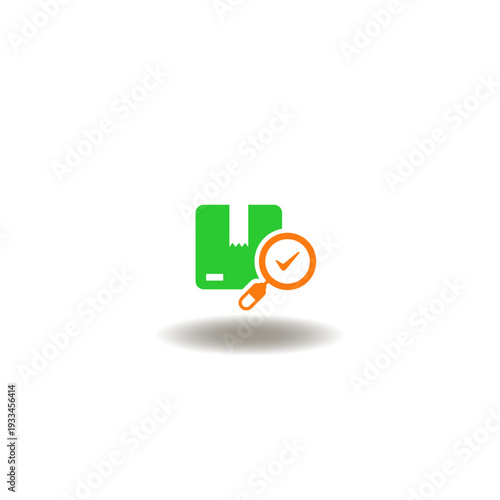 Vector illustration of goods cardboard box and magnifying glass with check mark. Symbol of quality control. Icon of inspection, evaluation, product, quality assurance, process, testing.