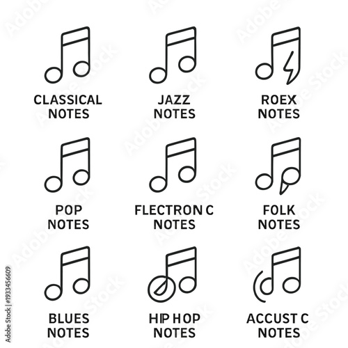 Music note icons for classical, jazz, pop, and more on gray background